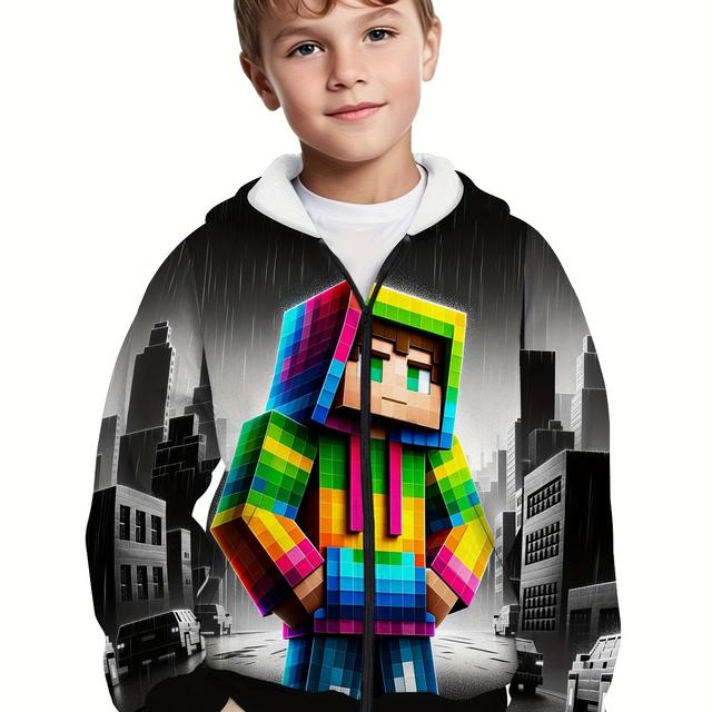 TEMU Jungen-Hoodie mit buntem Cartoon-Motiv, lässiger Polyester-Langarm-Pullover mit Reißverschluss, Regular Fit, Strickstoff mit , Kapuzen-Sweatshirt für den