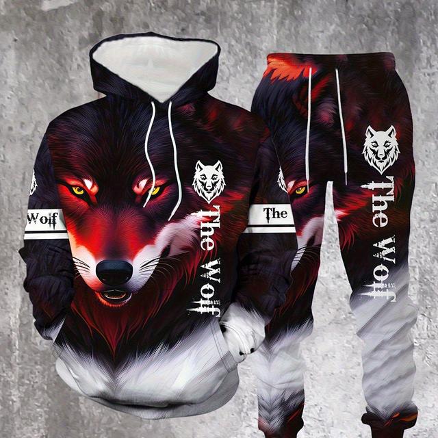 TEMU Red Dominant Wolf Pattern Personality Fashion Comfortable Men's Spring And Autumn Long Sleeve Casual Hoodie Set, Plus Size