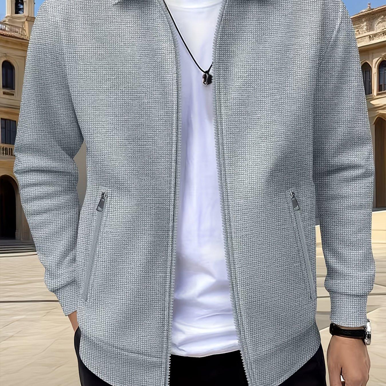 TEMU 피어슨 OBM 남성용 솔리드 컬러 라펠 와플 니트 긴팔 지퍼업 작업 재킷, 아웃도어 스포츠 봄/가을 남성 코트