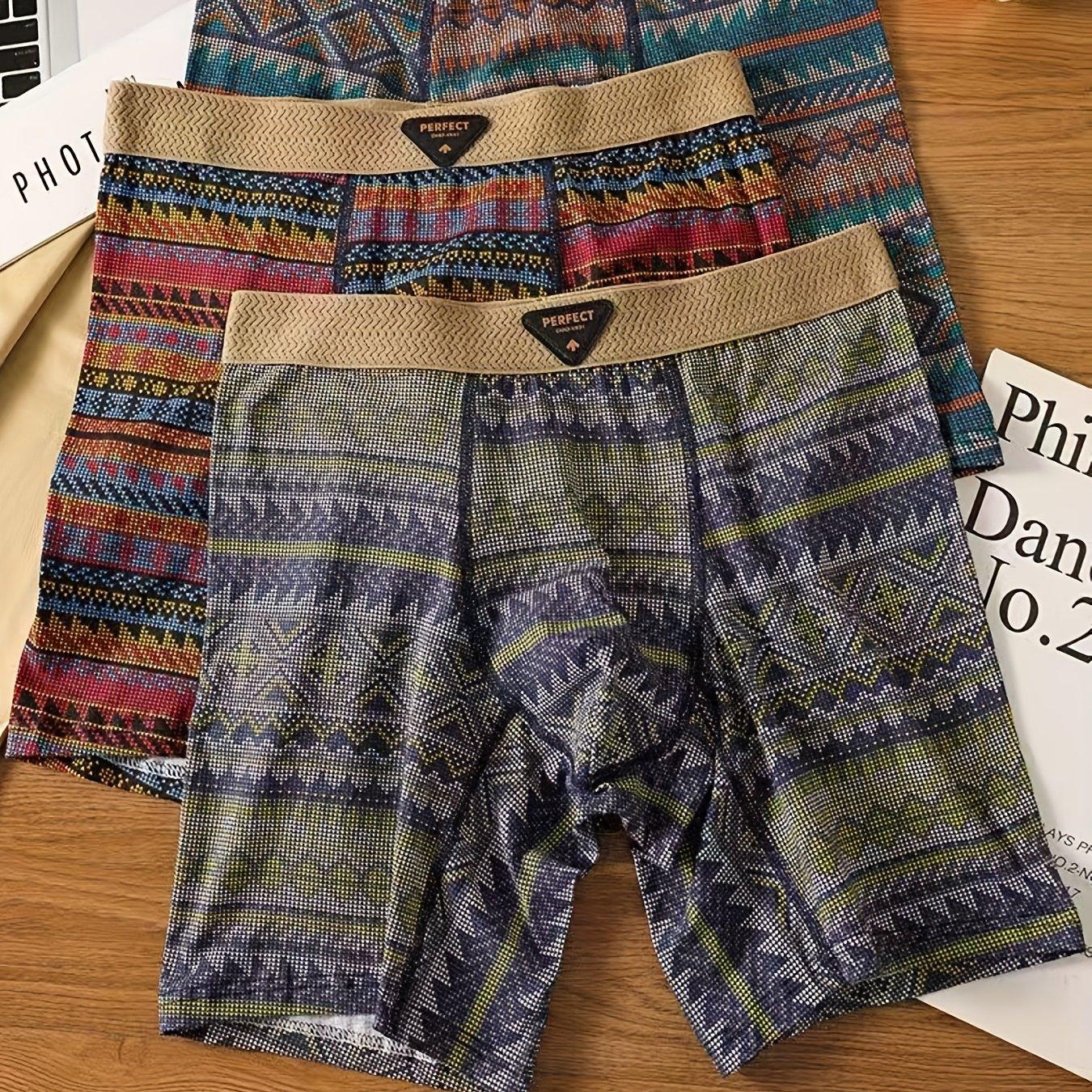 TEMU 3pcs Men's Long Boxer Briefs, Light Luxury Retro Fashion, Ethnic Style Prints, Comfortable And Breathable Casual Youth Long Boxer Briefs