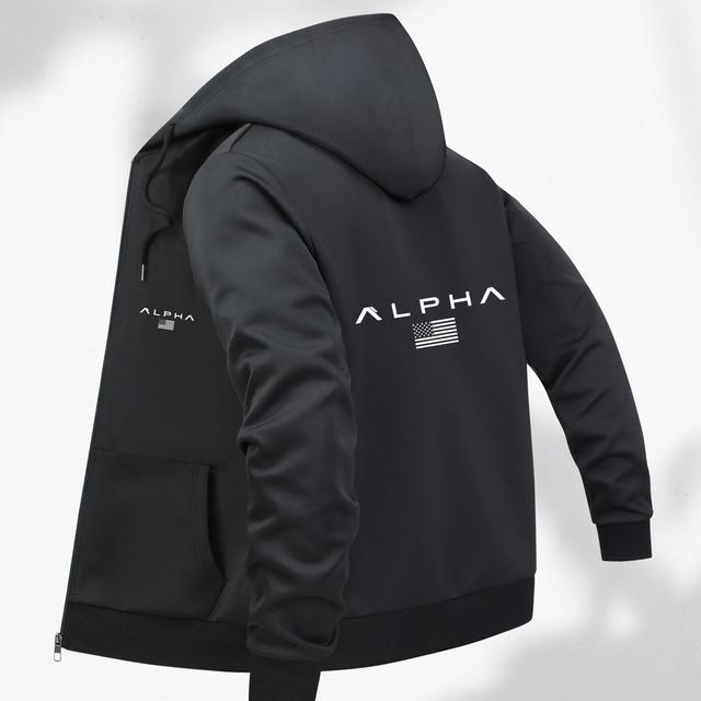 TEMU Men's Casual Alpha Print Hoodie - Black Pullover With Zipper Pocket, Polyester Lining, , Regular Fit, Casual Wear Hoodie | Zippered Hoodie | Polyester Fiber