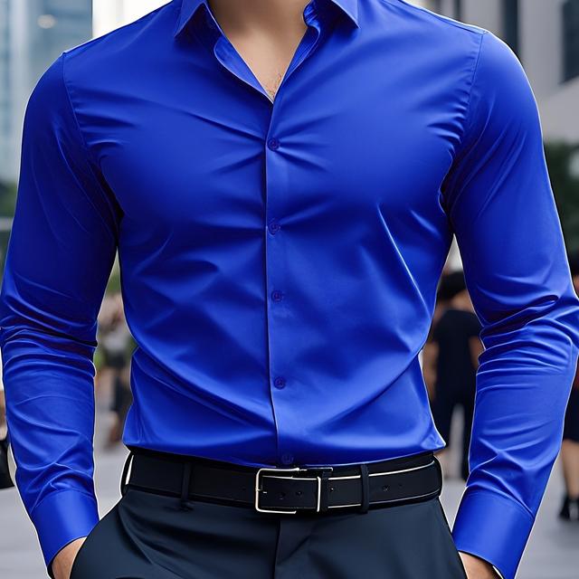 TEMU Men's Slim-fit Long Sleeve Dress Shirt - 100% Polyester, Solid Color, Machine Washable, Pointed Collar, Business Casual Shirt For Office & Formal Events