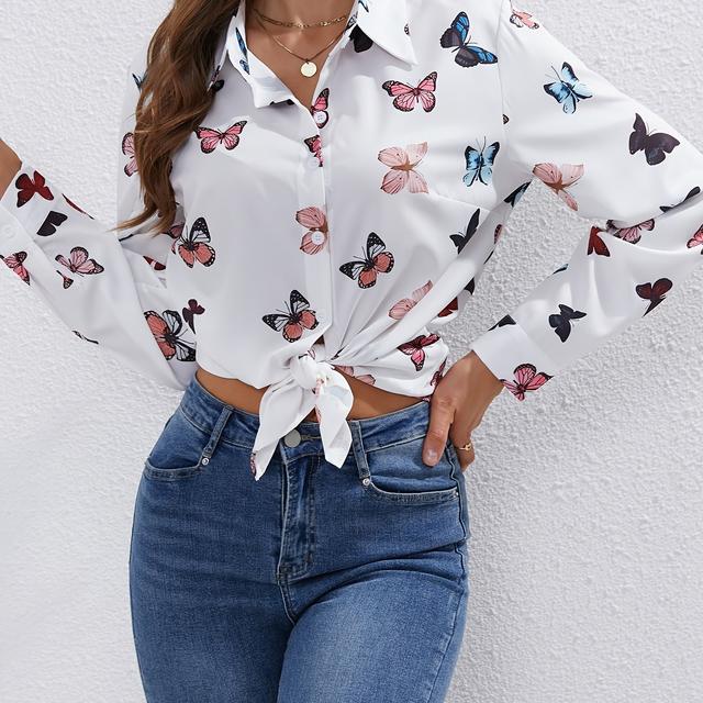 TEMU Camisa Elegante com Estampa de Borboleta