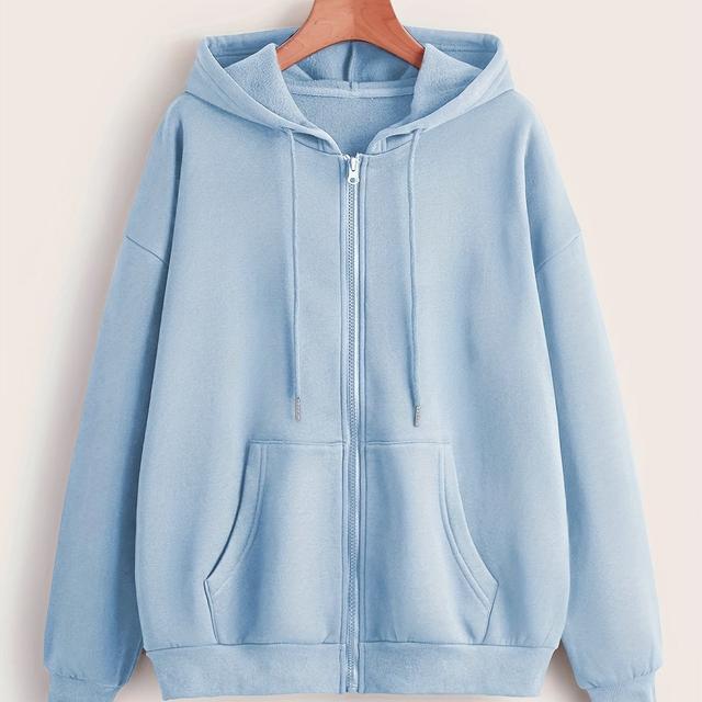 TEMU European And American Solid Color Zipper Hooded Sweatshirt Women's Autumn And Winter Fleece Thickened Kangaroo Pocket Cardigan Casual Sports Top