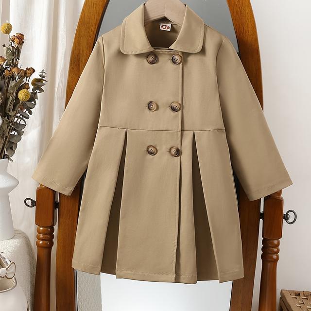 TEMU 1pc Girls' Classic Double-breasted Trench Coat, Casual Polyester Long Coat With Stand Collar And Double Buttons, Solid Color, Non-stretch, Regular Fit For Spring/autumn