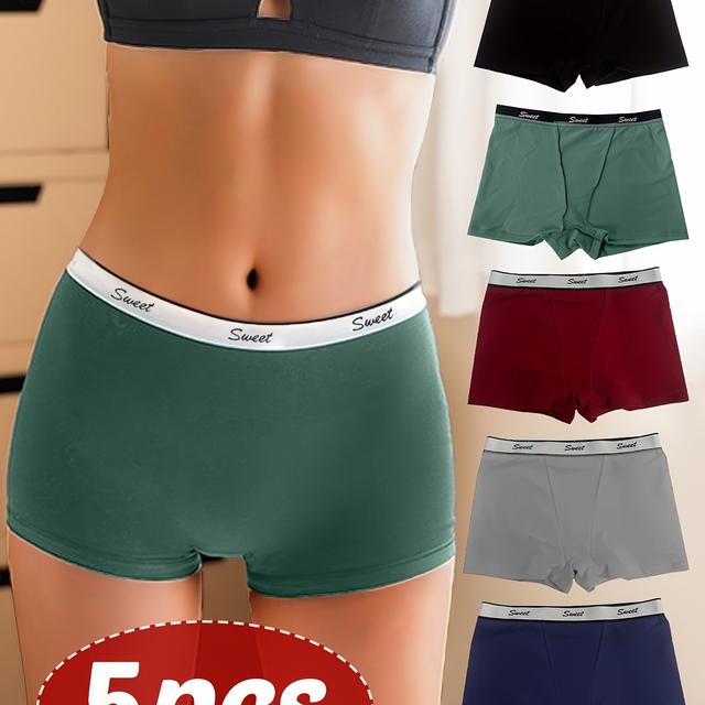 TEMU 5pcs Women's Boyshort Panties - Breathable, , Mid-rise, Solid Color (black, Gray, Red, Maroon, Navy Blue) With "sweet" Waistband Design, Cute Underwear