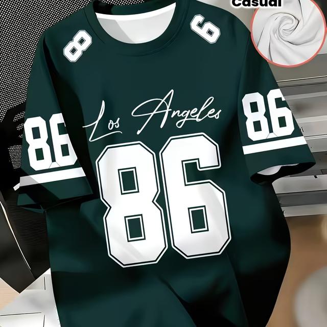 TEMU Camiseta para hombre estilo de fútbol americano Los Ángeles N.º 86 con estampado digital, negra, , verde, deportiva casual de manga corta de