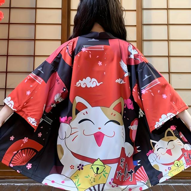 TEMU Yukata Kimono de Anime Japonés con Estampado de , Cardigán Unisex para /Verano, Capa y Holgada de Media , Disfraz para , Abrigo Delgado para Navidad y Halloween