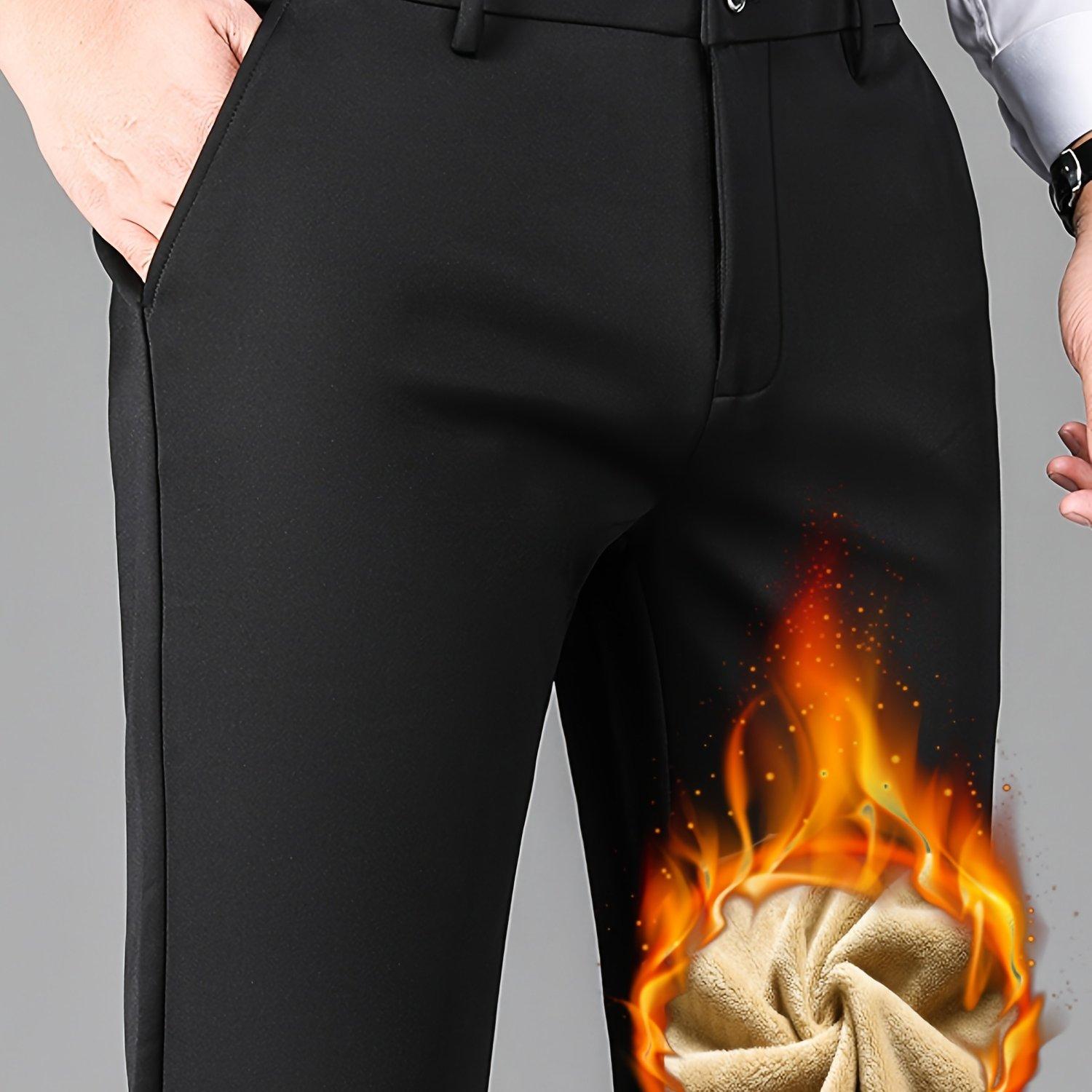 TEMU Men's Business Casual Dress Pants, Autumn And Winter, Fleece-lined, Thickened, Warm, Cold-resistant, Wrinkle-resistant, Non-iron, Embroidered Badge, Stretch Long Pants R958