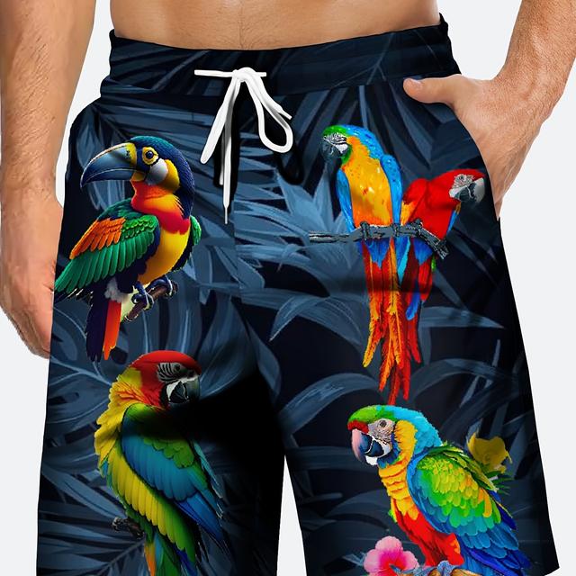 TEMU Parrots And Leaves 3d Print Men's Novelty Drawstring Shorts With Pockets, Single Layer Shorts Without Mesh , Summer Beach Resort Vacation