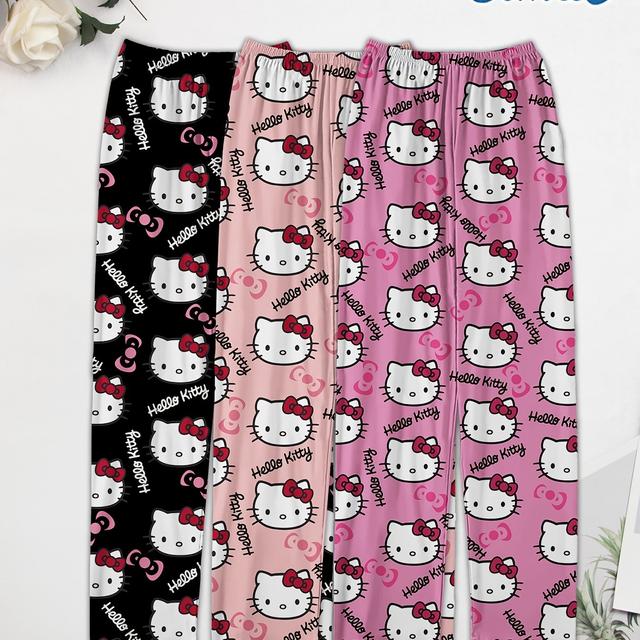 TEMU Sanrio voor for hello kitty Pyjama Sets, 3 stuks, Jersey Gebreid, 150g/m², Gewikkeld, Comfortabele Warme Slaapbroek, voor Volwassen