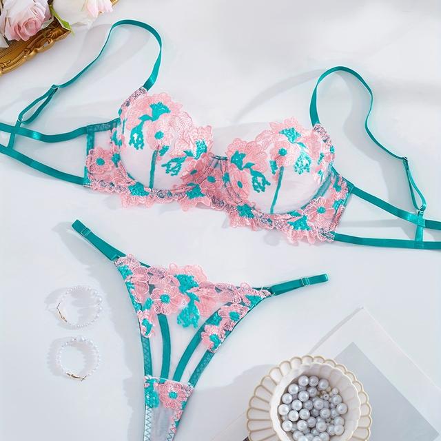 TEMU Women's Sheer Full Lingerie Set - Bra & Matching Panties, Hand Washable Underwear Suit For S, Romantic & Special Occasion Wear