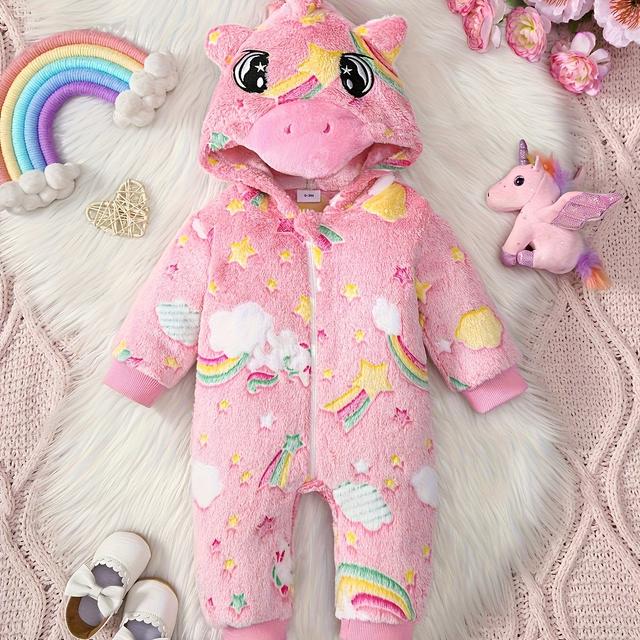TEMU Girls' Newborn Rainbow Meteor Pattern Unicorn Eye Embroidery With Horn Ribbed Zipper Long Sleeve Plush Hooded Jumpsuit Suit, For Outdoor