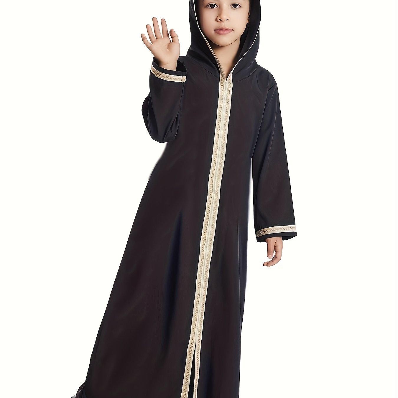 TEMU Th622 Girls' Hooded Long Robe With Lace Trim, Arabic Middle Eastern Dubai-inspired Long Sleeve Dress