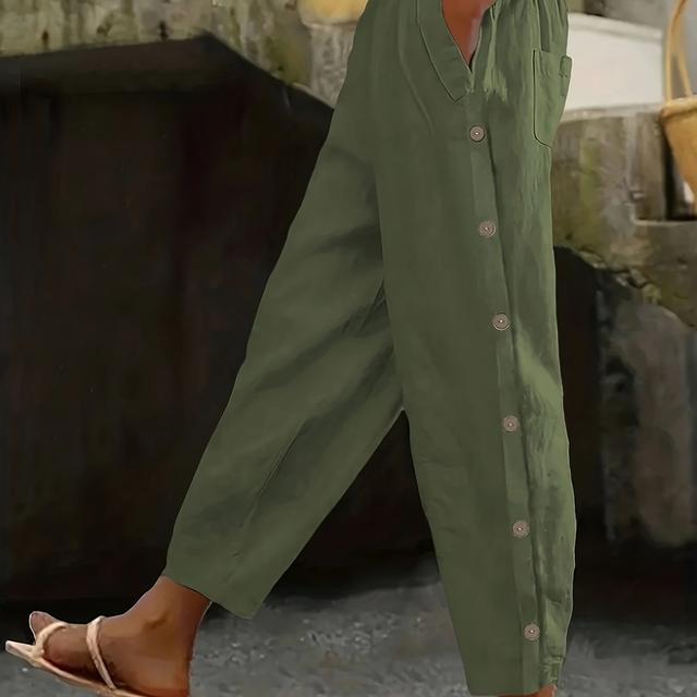 TEMU Plus Size - Plus Size - Casual Lange Broek met Zakken met Knoopversiering