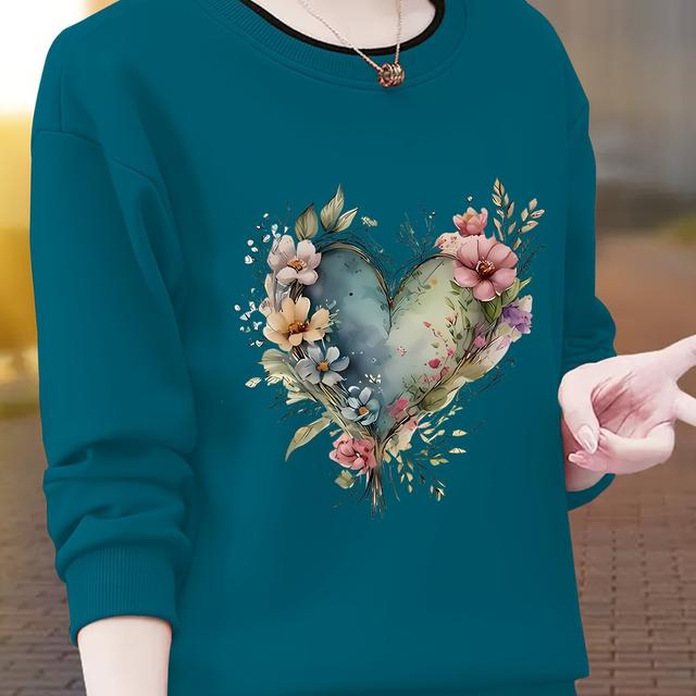 TEMU Women's Casual Crew Neck Sweatshirt With - 100% Polyester Knit Fabric, Drop Shoulder Long Sleeve, Regular Fit Pullover For Fall/winter - Stretch, Alphabet Pattern