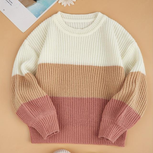 TEMU Girls' Sweater 2023 Autumn/winter Neck Off-shoulder Color Block Knitwear Casual Versatile