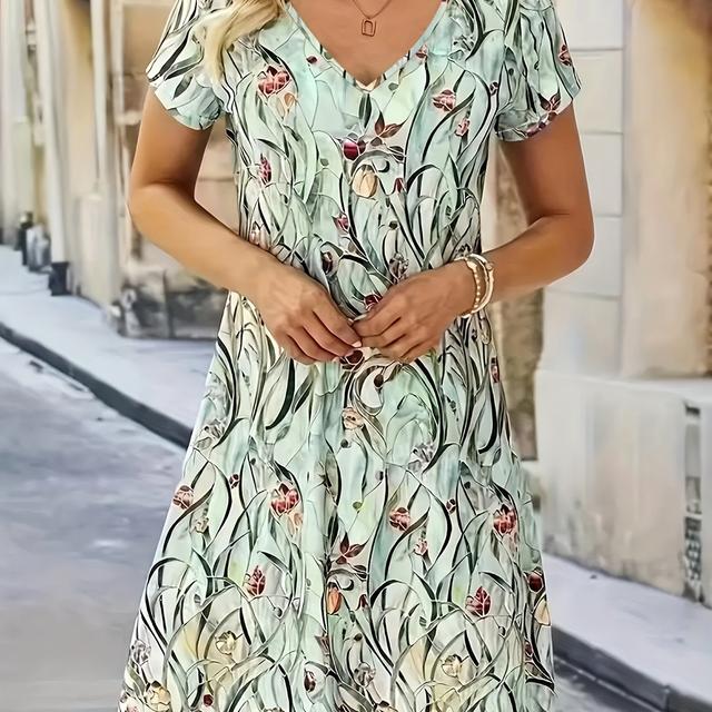 TEMU Plus Size - Floral Print V-neck Short-sleeve Dress