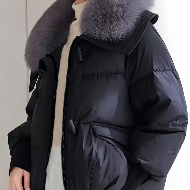 TEMU Жіночий теплий та потовщений осінньо-зимовий пальто, вільного крою для ефекту, зі знімним штучним пухом, великими кишенями на блискавці, стильний та елегантний .