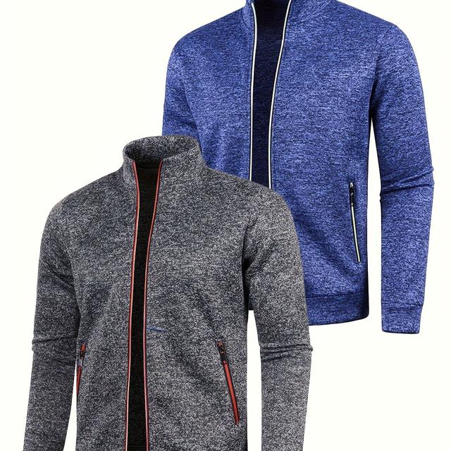 TEMU 2-pack Men's Casual Sports Jackets, Autumn/winter Solid Color Stand Collar Zippered Outerwear, 100% Polyester Knit Fabric, Long Sleeve With Pockets, Regular Fit - 210gsm