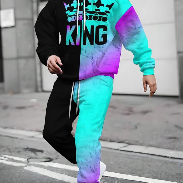 TEMU Large Size Men's Casual Outfit Set, Polyester Blend, , Machine Washable, Hooded Top And Bottom