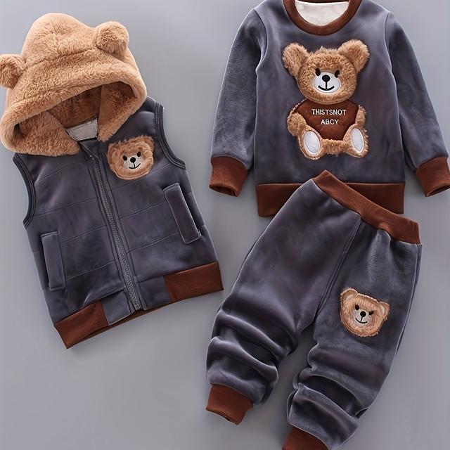 TEMU Random Color Ball Boys' Hairy Face Bear Long Sleeve Set, Baby Boy Autumn Winter -lined Warm Long Sleeve Set, Fashion Casual Three-piece Set, Perfect For Outdoor