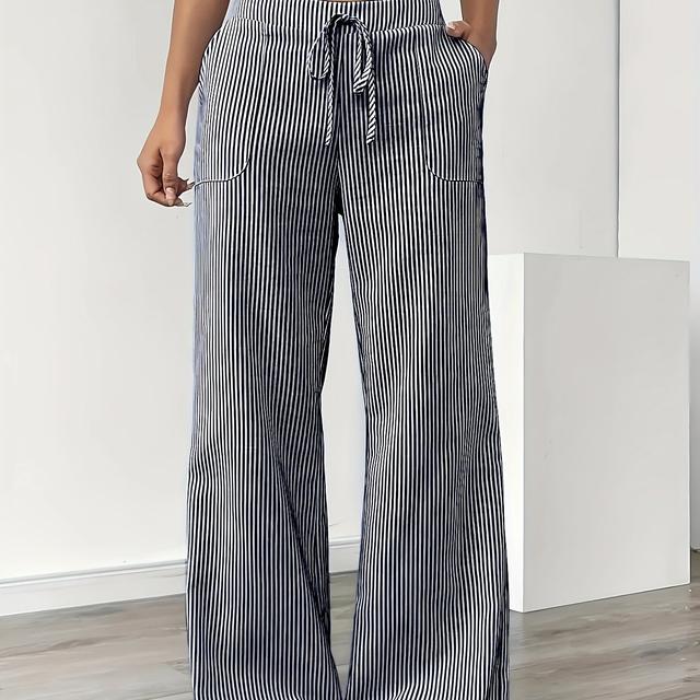 TEMU Plus Size, Didi Women's Spring/summer Pocket Wide-leg Pants, Casual Striped Print Loose-fit Drawstring Waist Trousers