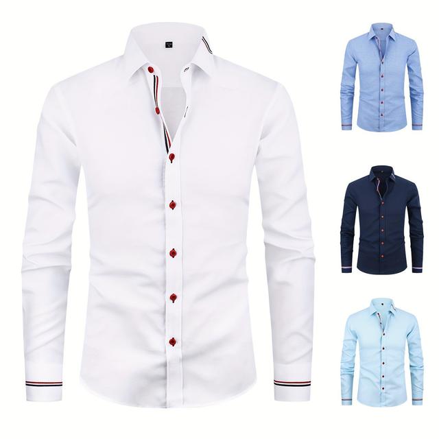 TEMU Chemise Oxford Élégante pour Homme - Couleur Unie Polyvalente avec Détails Contrastants Stylés, Manches Longues, Boutonnée, Lavable en Machine - pour ou le Port Décontracté