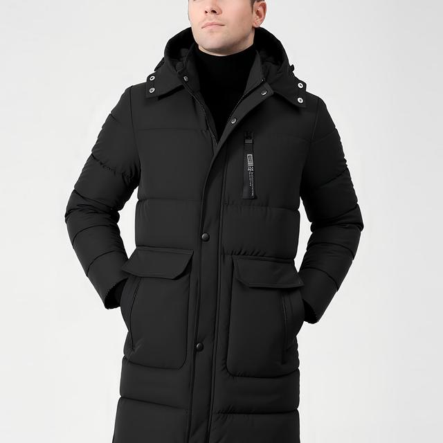 TEMU Fleece-lined And Thickened Mid-length Hooded Workwear -padded Winter Men's Jacket With Large Pockets, Zipper, And Windproof Cuffs