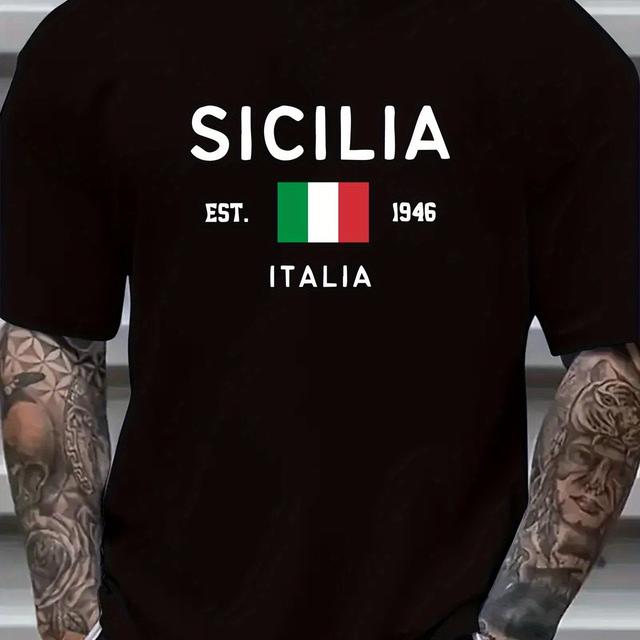 TEMU Sicilia Print Men's Trendy Plus Size Short Sleeve T-shirt, Lightweight Tee For Summer