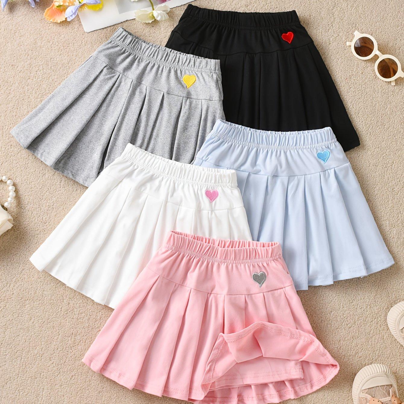 TEMU Cute Girls' Basic Solid Color Heart Embroidery School Style Shorts Skort, Kids' 5pcs Ballet Skirt Pleated Skirt, Versatile Summer Outfit For Little Girls