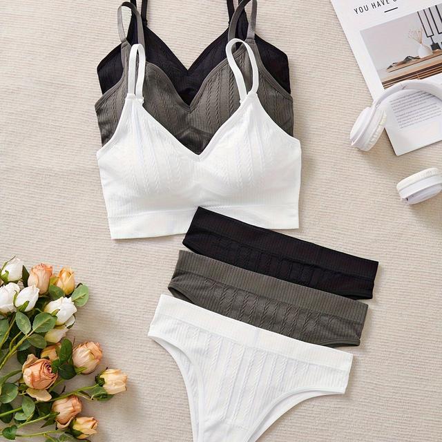 TEMU 6pcs Romantic Seamless Jacquard Lingerie Set For Women, Polyamide 90% & Elastane 10%, Solid Color, Mid-rise Briefs, Knit Fabric, 170gsm, Comfortable & Elegant Underwear Set