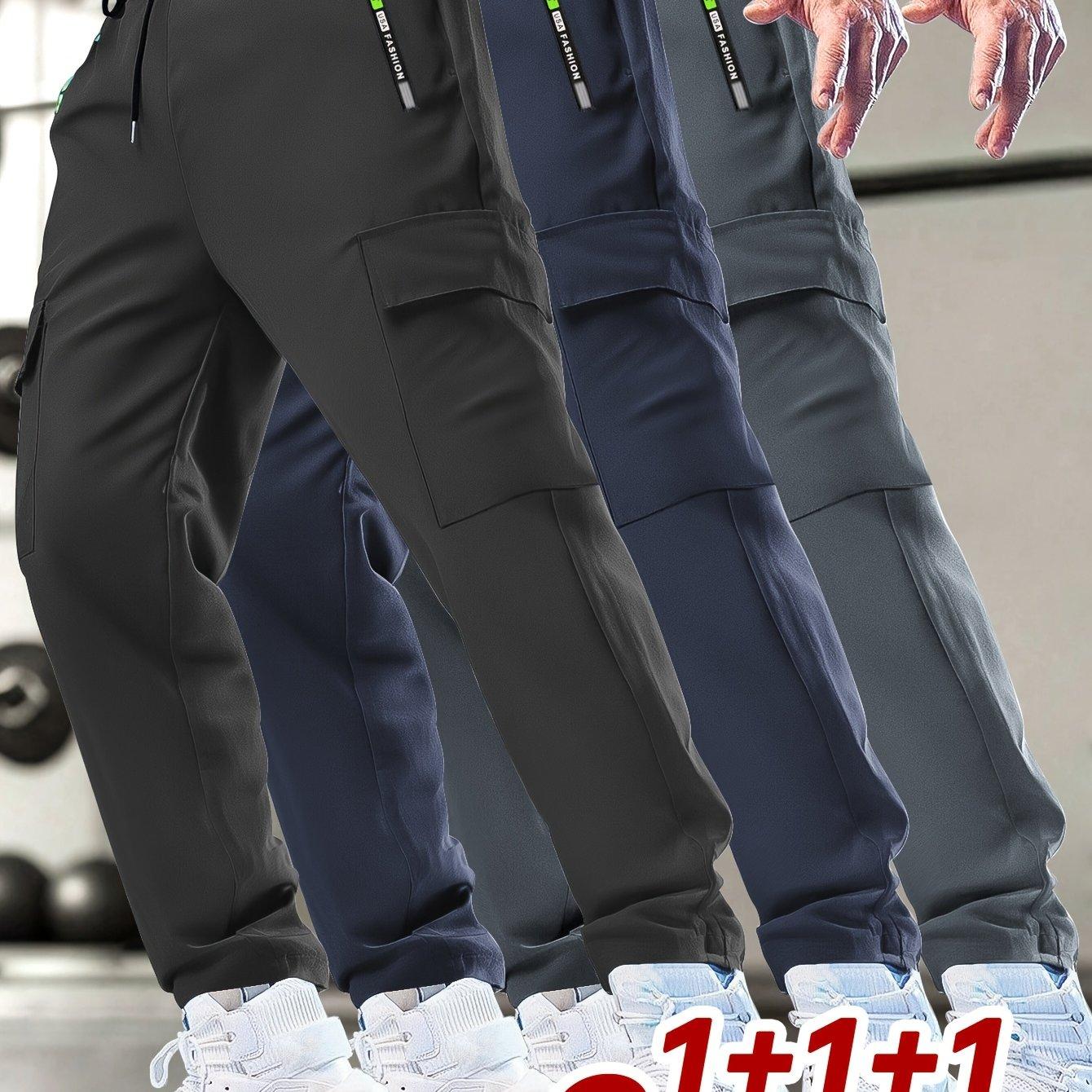 TEMU Conjunto de 3 pantalones cargo deportivos casuales para hombre con cintura con cordón, bolsillos con cremallera estampada, bolsillos utilitarios, para y verano, ideales para correr y entrenar