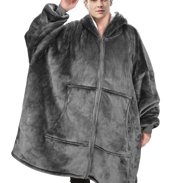 TEMU Men's Extra-large Hooded Fleece Robe - Thickened Winter , Machine-washable Lounge Wear With Pockets, Loose Fit Long Sleeve Deep Gray, Plus Size