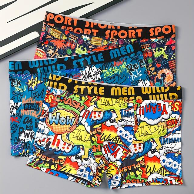 TEMU 3-pack Men's Boxer Briefs, Quick-dry Polyester Underwear With Tropical Graffiti Print, Medium Stretch Knit Fabric, 120g/m² - Regular Fit