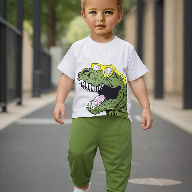 TEMU Europäisches amerikanisches Baby-Jungen-Frühlings- Sommer-Beliebtes Brillen-Dinosaurier-Druck T-Shirt+Hose Zweiteiler-Set [gezielte Entwicklung], Perfekt für Outdoor