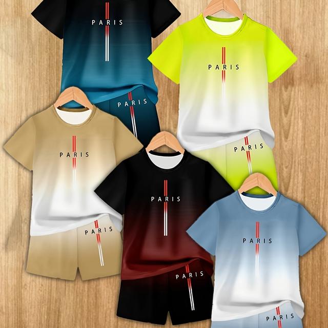 TEMU Conjunto de 10 piezas para niño con traje de moda impreso en 3D, sudadera con cuello y manga corta, pantalones cortos estilo rayas inglesas para exteriores