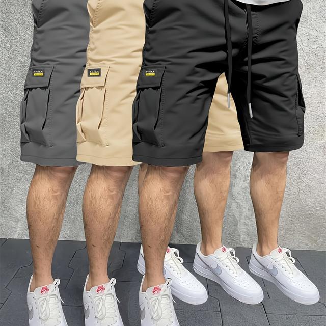 TEMU 3pcs Men's Tactical Shorts - Black, Beige & Brown, Loose Fit, Elastic Waist, Multiple Pockets, Non-stretch Fabric, Work, Hiking & Casual Summer Wear, Gear | Loose Fit Shorts | Woven Texture Short