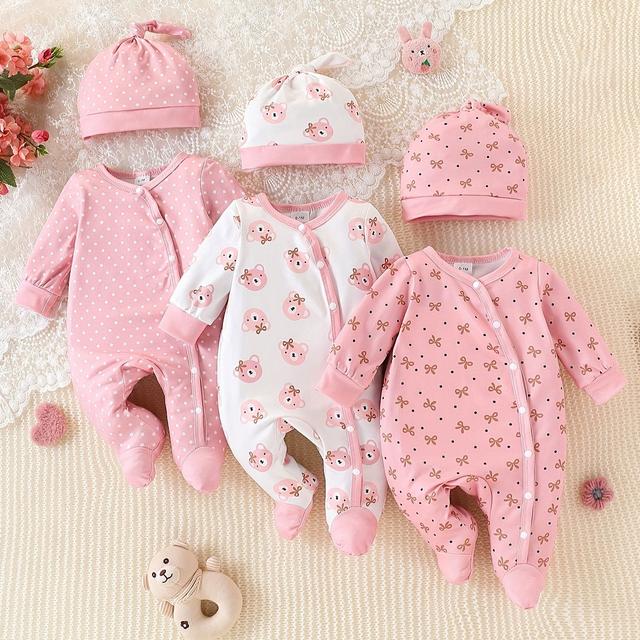 TEMU 6 pièces Ensemble de Barboteuses Enfant - + + Nœud Imprimé Cartoon, et Confortable, Adapté à Toutes les , Idéal pour l'Extérieur