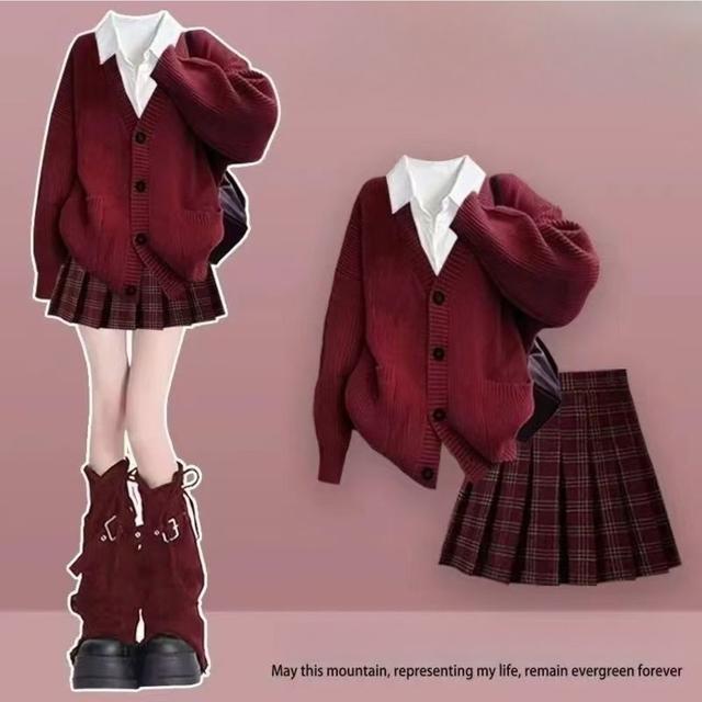 TEMU 秋冬新作コーデ、カレッジ風レイヤードセット、レディース赤ニット、お正月バトルドーツスカートスーツ