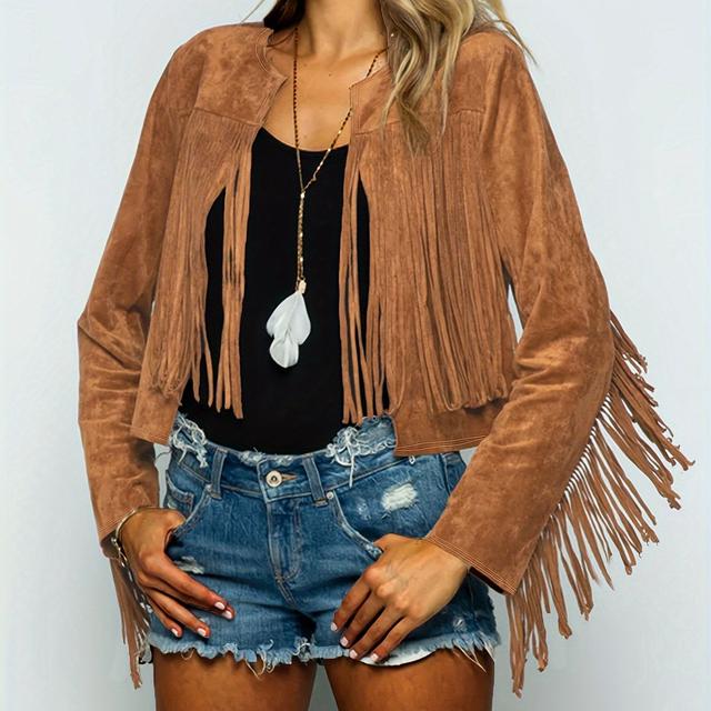 TEMU Women's Western Retro Fringe-trimmed Lightweight Suede-style Cardigan Jacket - Round Neck Outerwear For Festivals, & Daily Wear, Festival Fashion, Middle Eastern Style, Suedelike Appearance