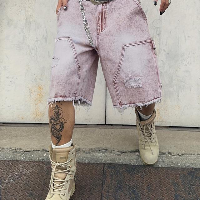 TEMU Herren Jeansshorts mit Lockerer und Ungefädeltem Saum & Klappentaschen - Knielänge im Street-Style, Ohne Gürtel/Zubehör, Freizeitkleidung, Patchwork-Detailierung, Einfarbiges Design