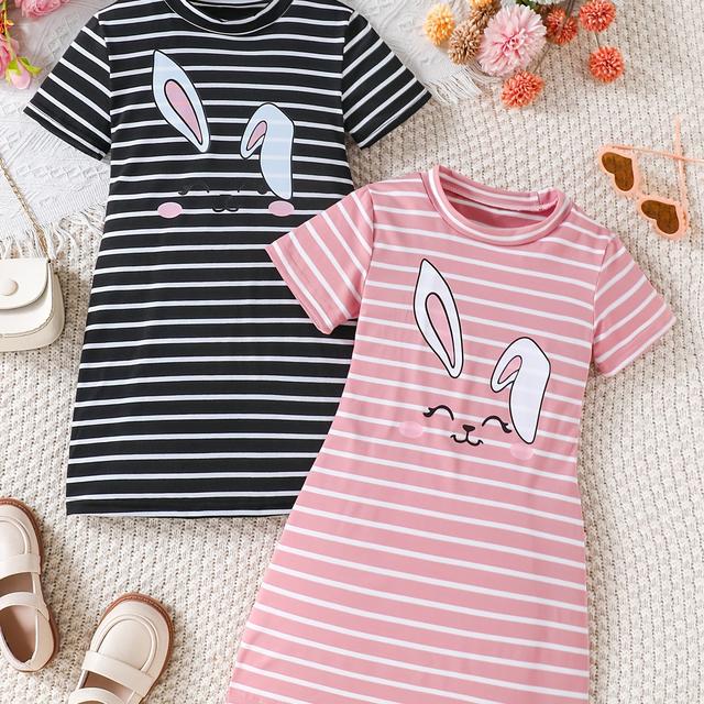 TEMU 2pcs Young Girl Striped Rabbit Print Round Neck Short Sleeve Dress For Summer