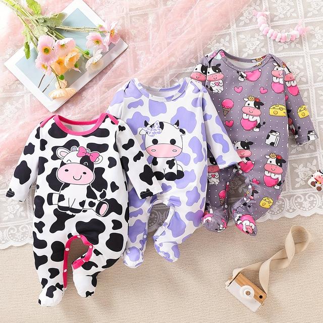 TEMU 3 Piezas Body con Pies para Bebé Niña, Pijama de Larga con Estampado de Vaca para Recién Nacido, , y Elástico, Ideal para Exteriores