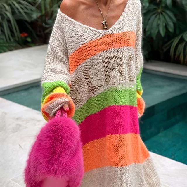 TEMU Multicolor Striped Letter Pattern Dress, Casual V Neck Long Sleeve Sweater Dress For Fall, Women's Clothing