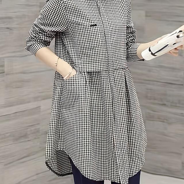 TEMU 春秋 2025 年新しい韓国風のゆったりしたチェック柄の女性用大きなサイズのシャツ、多用途でファッショナブルなミッドレングスの長袖トップ