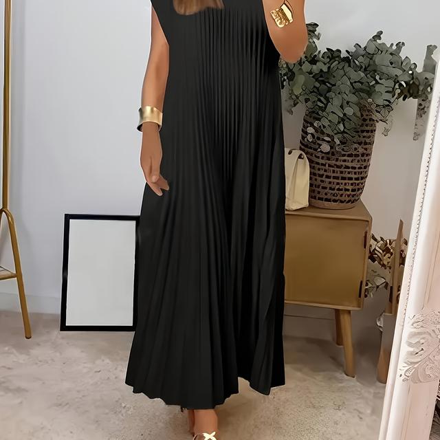 TEMU Women's Elegant Solid Color Round Neck Dress - Fitted Top & Flowy Hem, Machine Washable, Versatile For Casual To Formal Occasions, Spring/autumn Wardrobe Essential, Spring Outfit, , , Office Wear