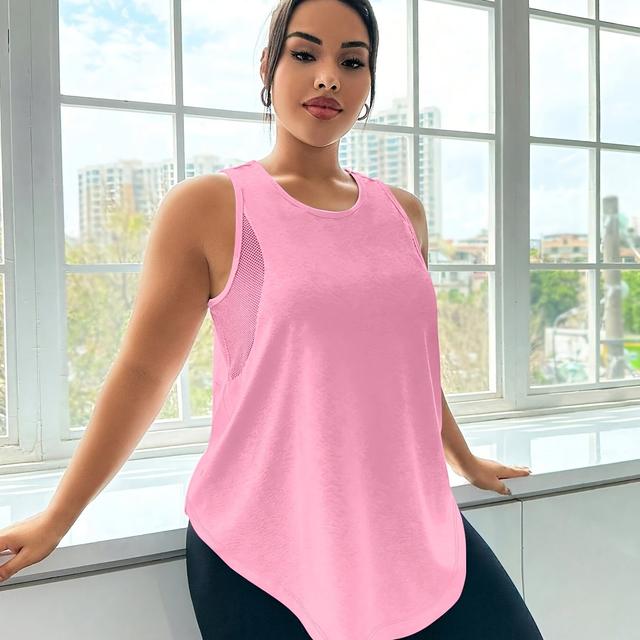 TEMU Damens Plus Size Atmungsaktives Mesh Sportshirt – Ärmelloses Rundhals-Oberteil in Unifarben, Ganzjahres-Casual & Workout-Kleidung, Regular Fit Nicht-Durchsichtiges Activewear, Trainingsbekleidung
