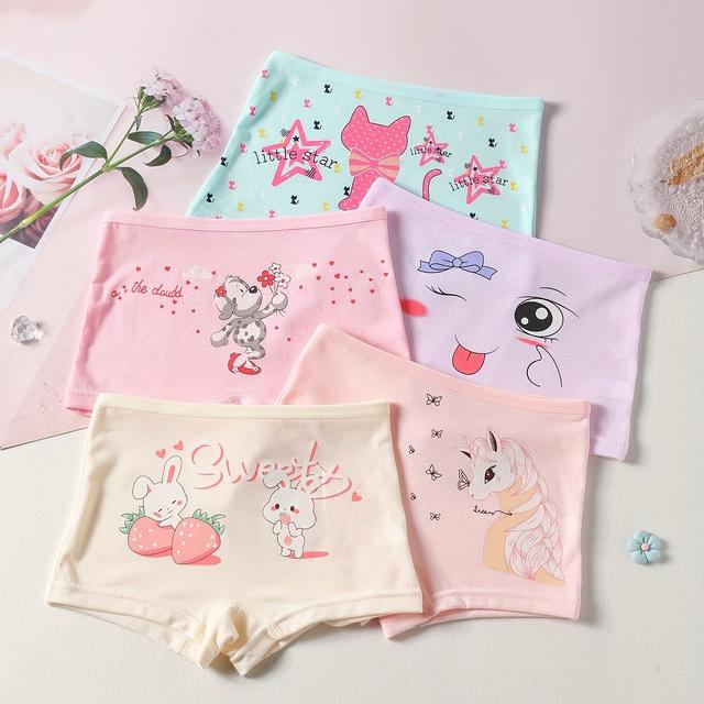 TEMU 5 Pairs Of Mixed Color Cartoon Design Girls Comfortable Soft Boxer Briefs