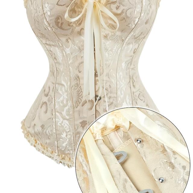 TEMU Apricot Floral Jacquard Design, Back-tie Corset Top - Strapless, Tummy Control, Fishbone Bodice, Women's Front-hook Closure